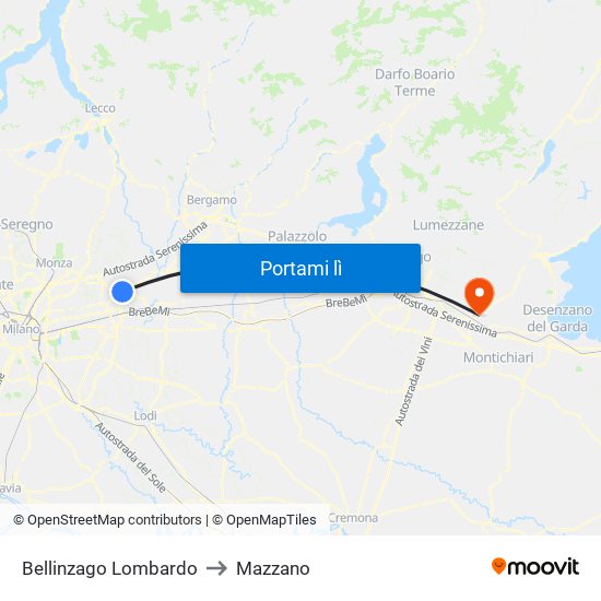 Bellinzago Lombardo to Mazzano map