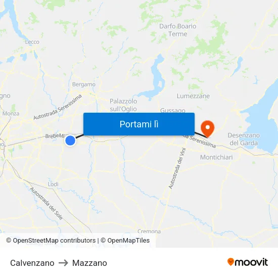 Calvenzano to Mazzano map