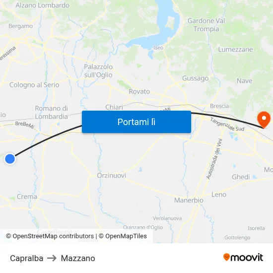 Capralba to Mazzano map