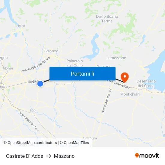 Casirate D' Adda to Mazzano map