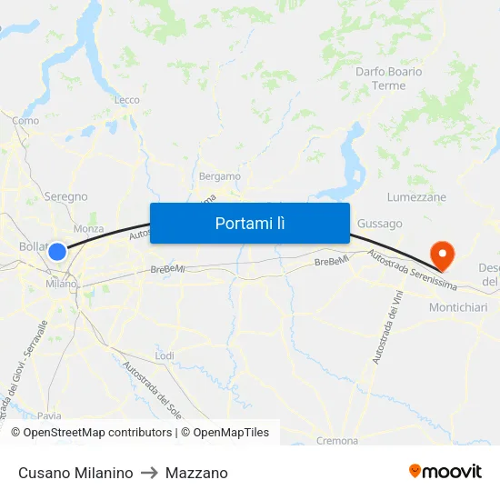 Cusano Milanino to Mazzano map