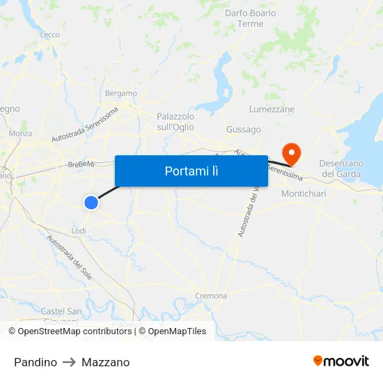Pandino to Mazzano map