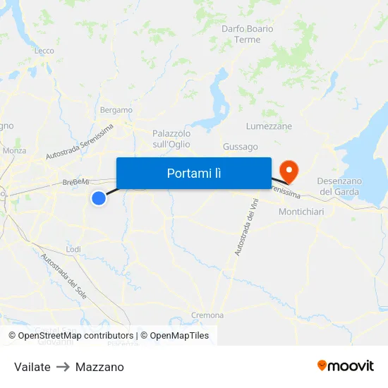 Vailate to Mazzano map