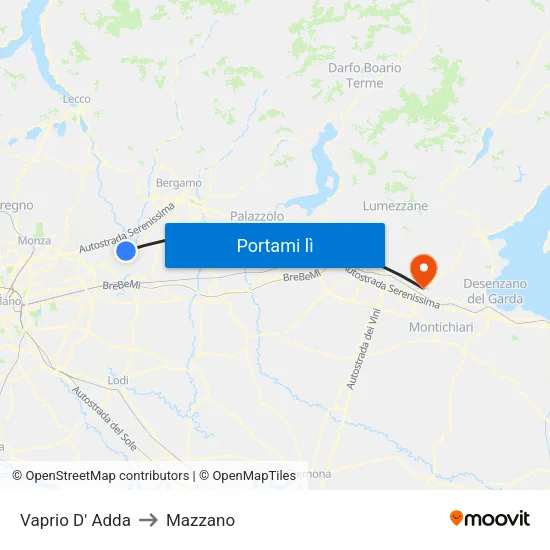 Vaprio D' Adda to Mazzano map