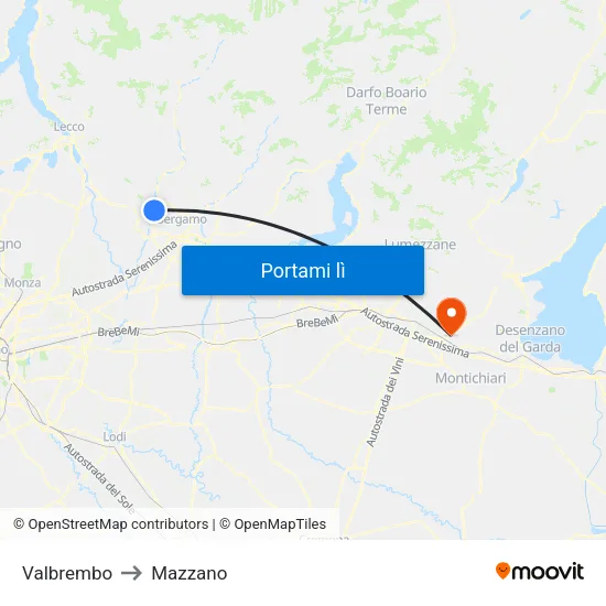 Valbrembo to Mazzano map