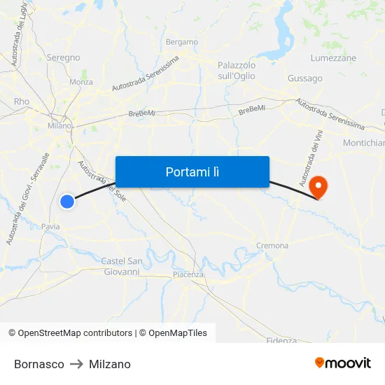 Bornasco to Milzano map