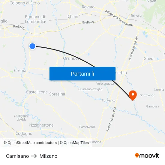 Camisano to Milzano map