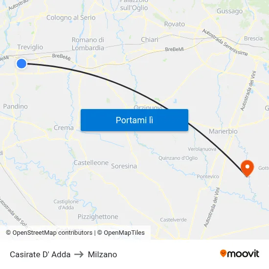 Casirate D' Adda to Milzano map