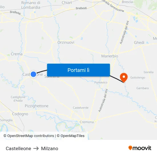 Castelleone to Milzano map