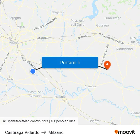 Castiraga Vidardo to Milzano map