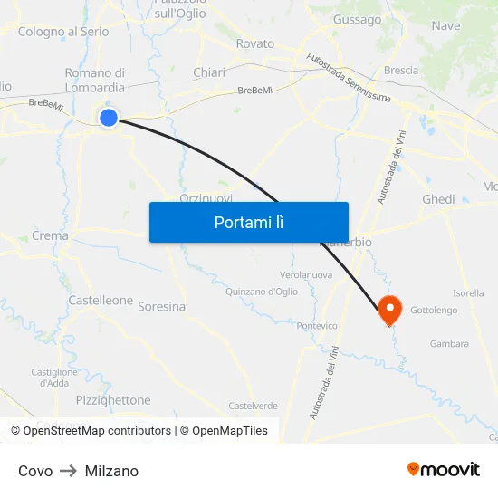 Covo to Milzano map