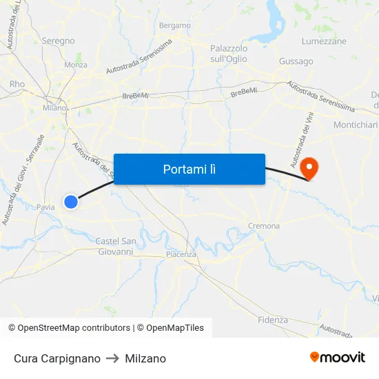 Cura Carpignano to Milzano map
