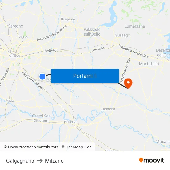 Galgagnano to Milzano map