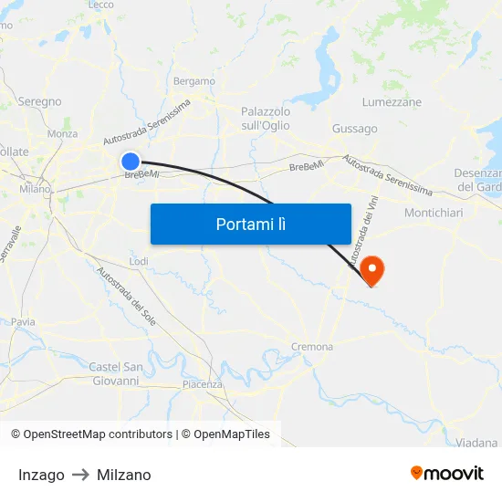 Inzago to Milzano map