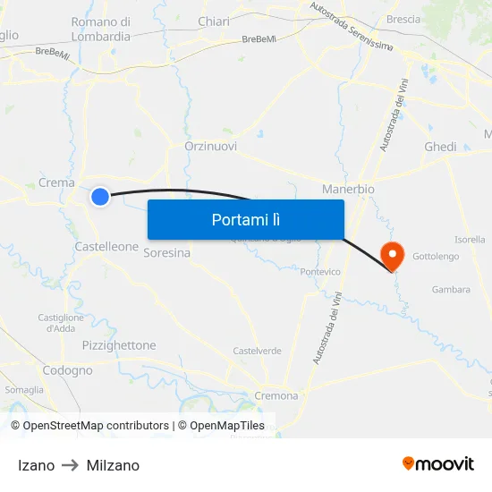 Izano to Milzano map