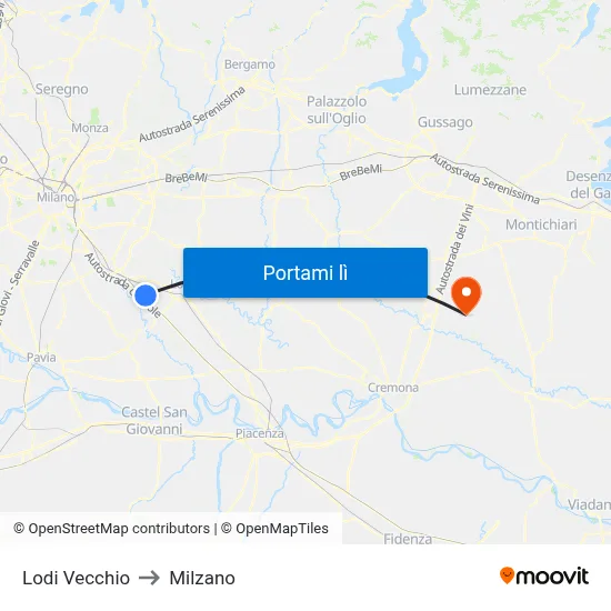 Lodi Vecchio to Milzano map