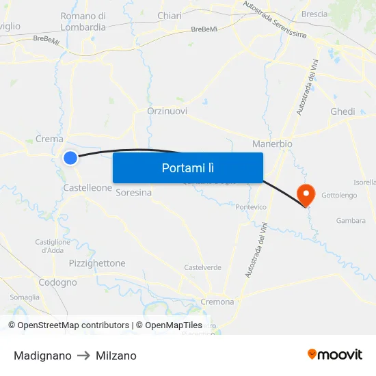 Madignano to Milzano map