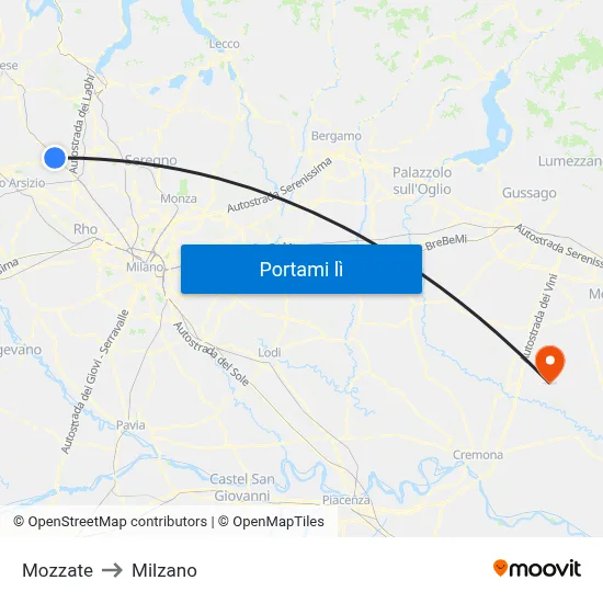 Mozzate to Milzano map