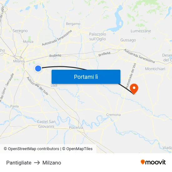 Pantigliate to Milzano map