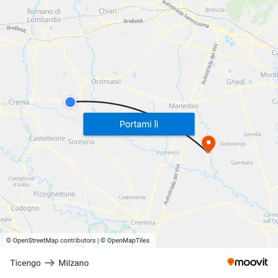 Ticengo to Milzano map