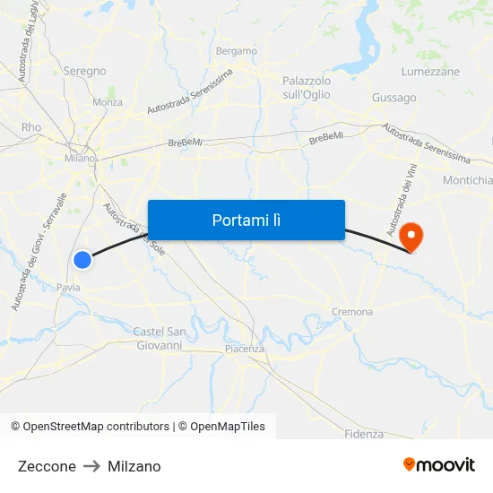 Zeccone to Milzano map