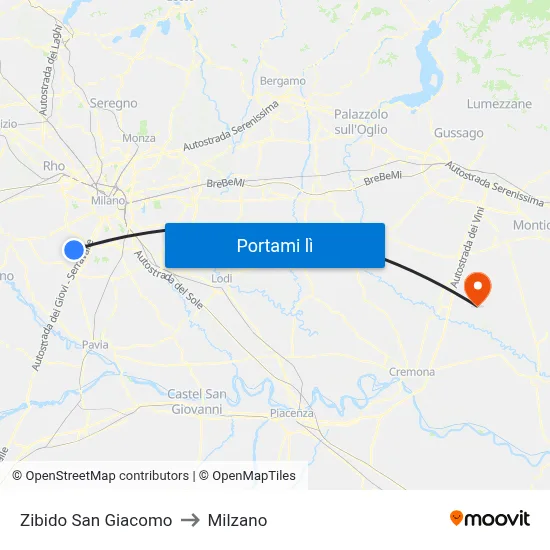 Zibido San Giacomo to Milzano map