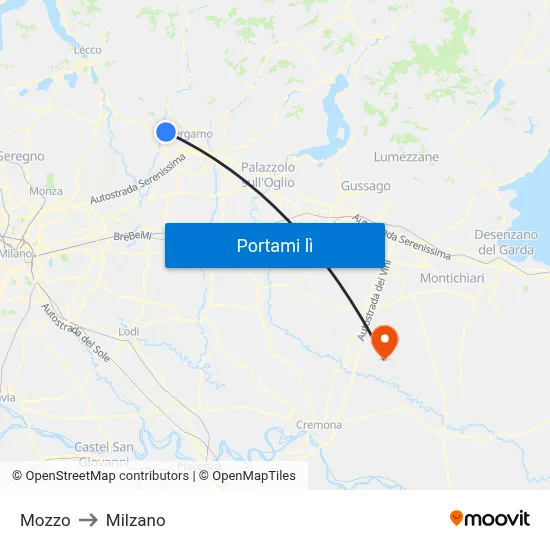 Mozzo to Milzano map