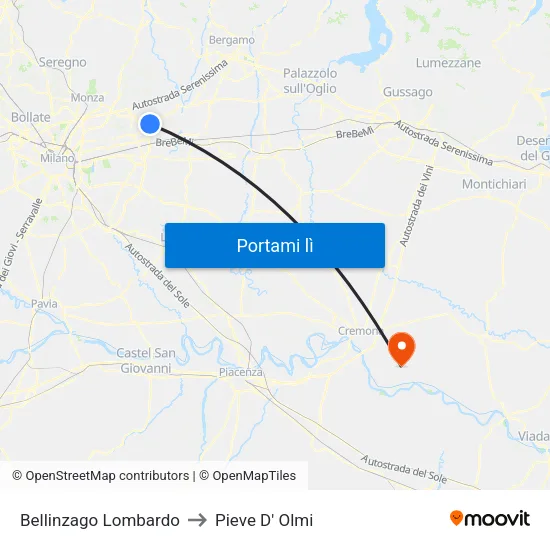 Bellinzago Lombardo to Pieve D' Olmi map