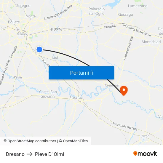Dresano to Pieve D' Olmi map