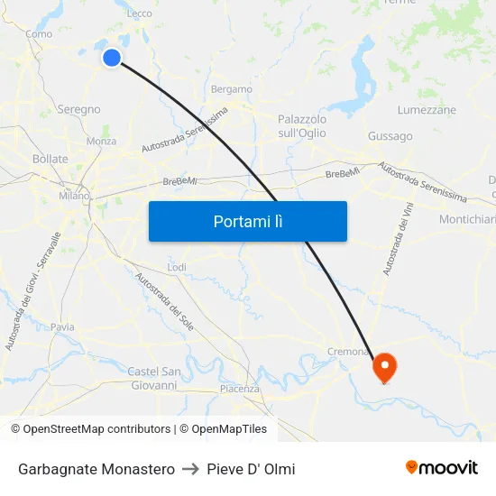 Garbagnate Monastero to Pieve D' Olmi map