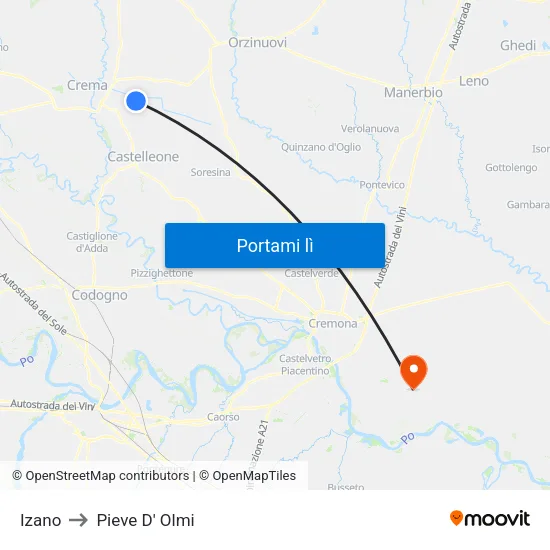 Izano to Pieve D' Olmi map