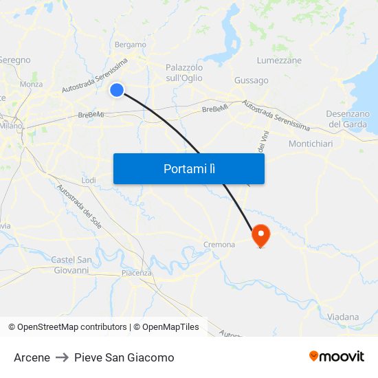 Arcene to Pieve San Giacomo map