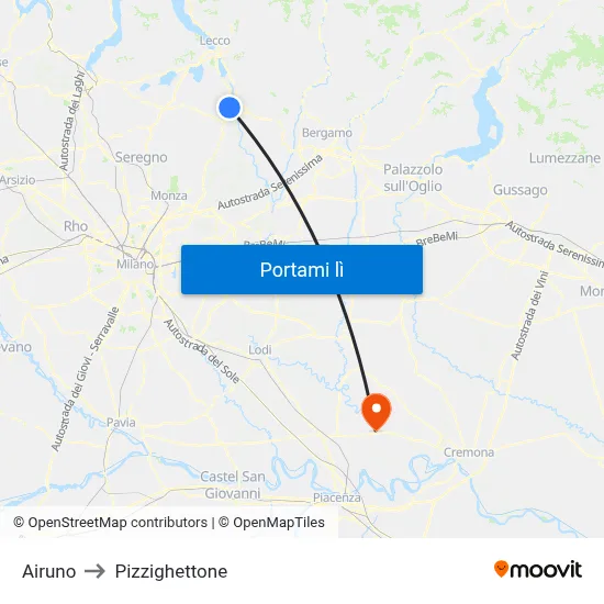 Airuno to Pizzighettone map