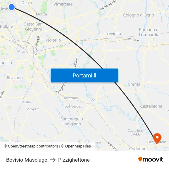 Bovisio-Masciago to Pizzighettone map