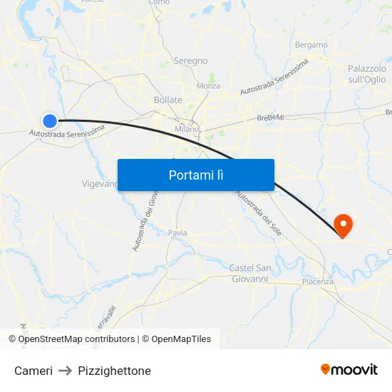 Cameri to Pizzighettone map