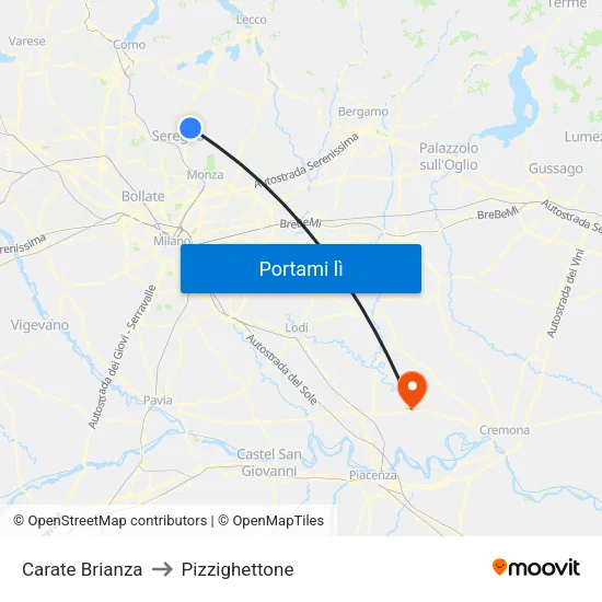 Carate Brianza to Pizzighettone map