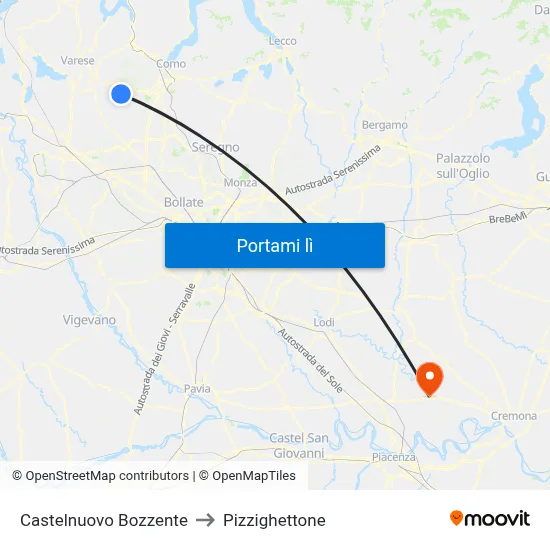 Castelnuovo Bozzente to Pizzighettone map
