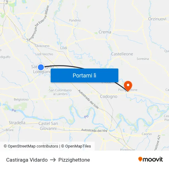 Castiraga Vidardo to Pizzighettone map