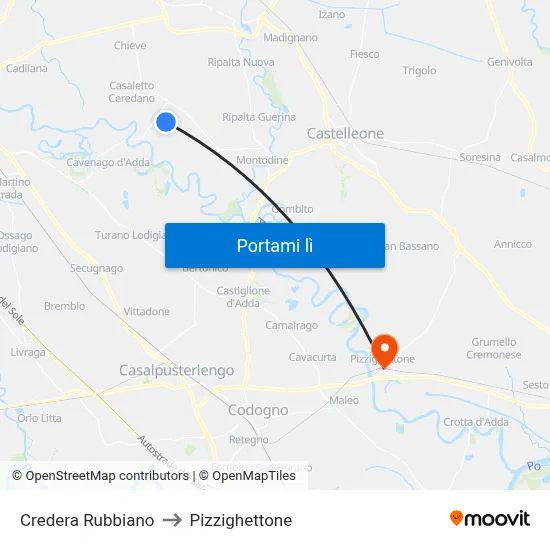 Credera Rubbiano to Pizzighettone map