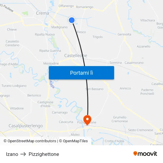 Izano to Pizzighettone map