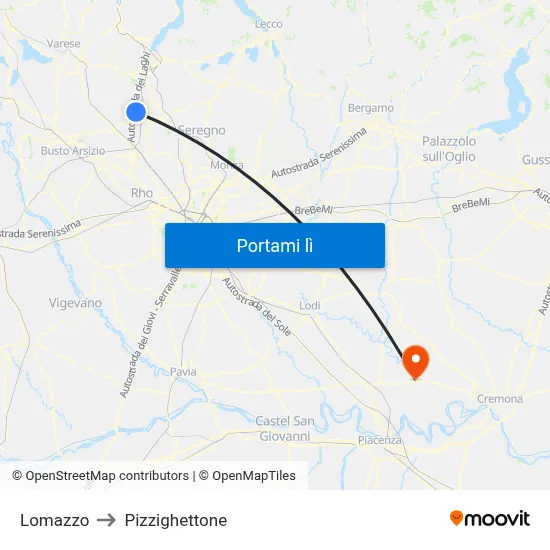Lomazzo to Pizzighettone map
