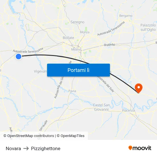 Novara to Pizzighettone map
