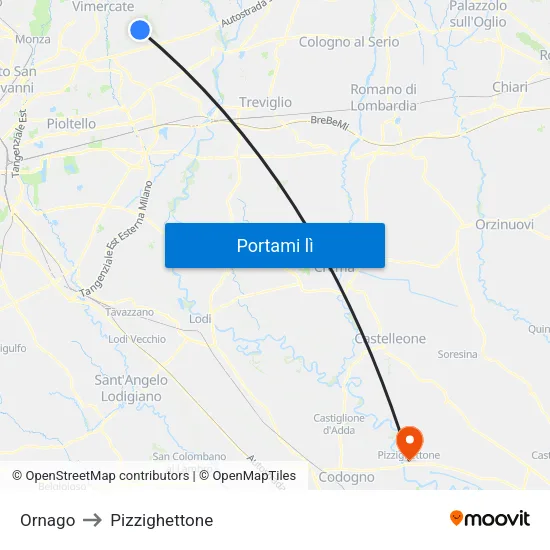 Ornago to Pizzighettone map