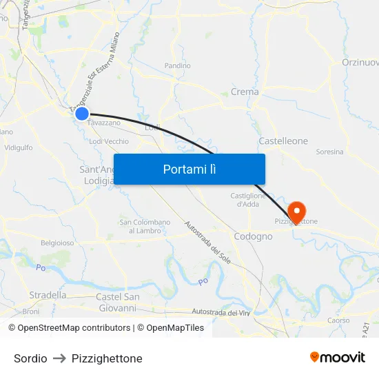 Sordio to Pizzighettone map