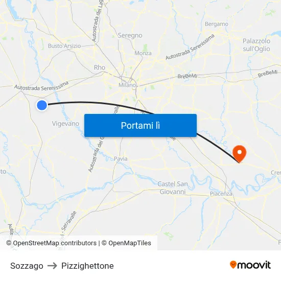 Sozzago to Pizzighettone map