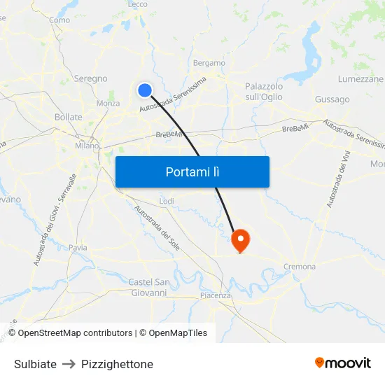 Sulbiate to Pizzighettone map