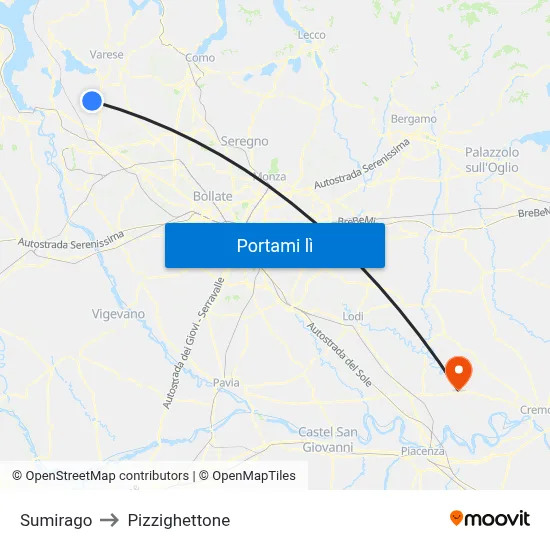 Sumirago to Pizzighettone map
