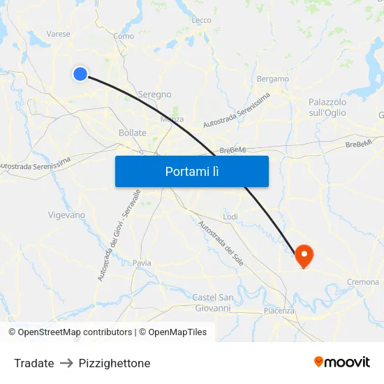 Tradate to Pizzighettone map