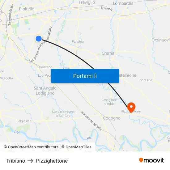 Tribiano to Pizzighettone map