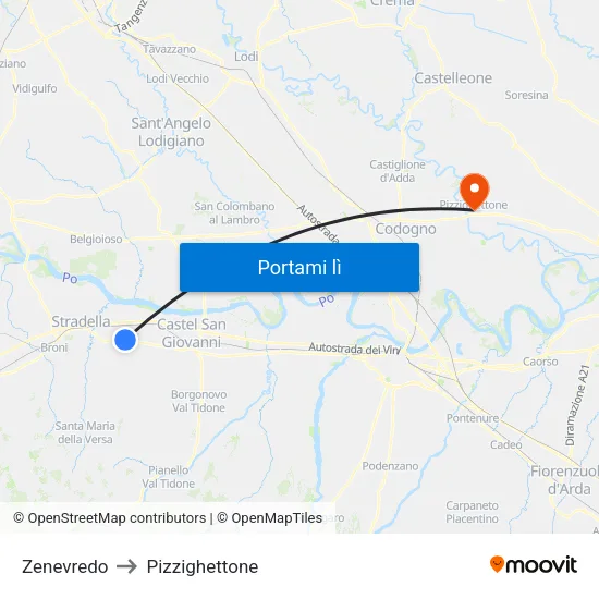 Zenevredo to Pizzighettone map